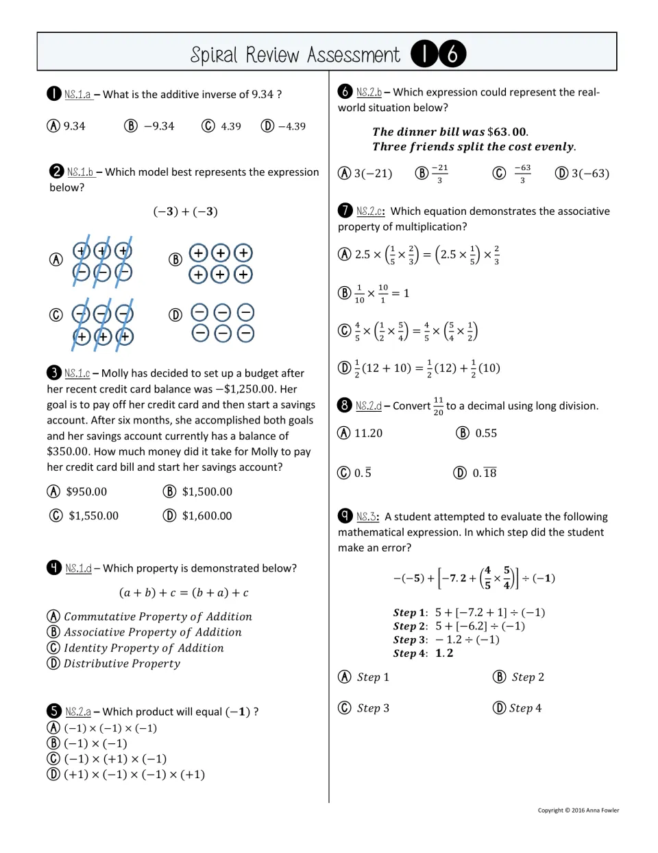Spiral Review Assessment 16, questions 1-9: students solve multiple-choice items on integers, properties and decimals