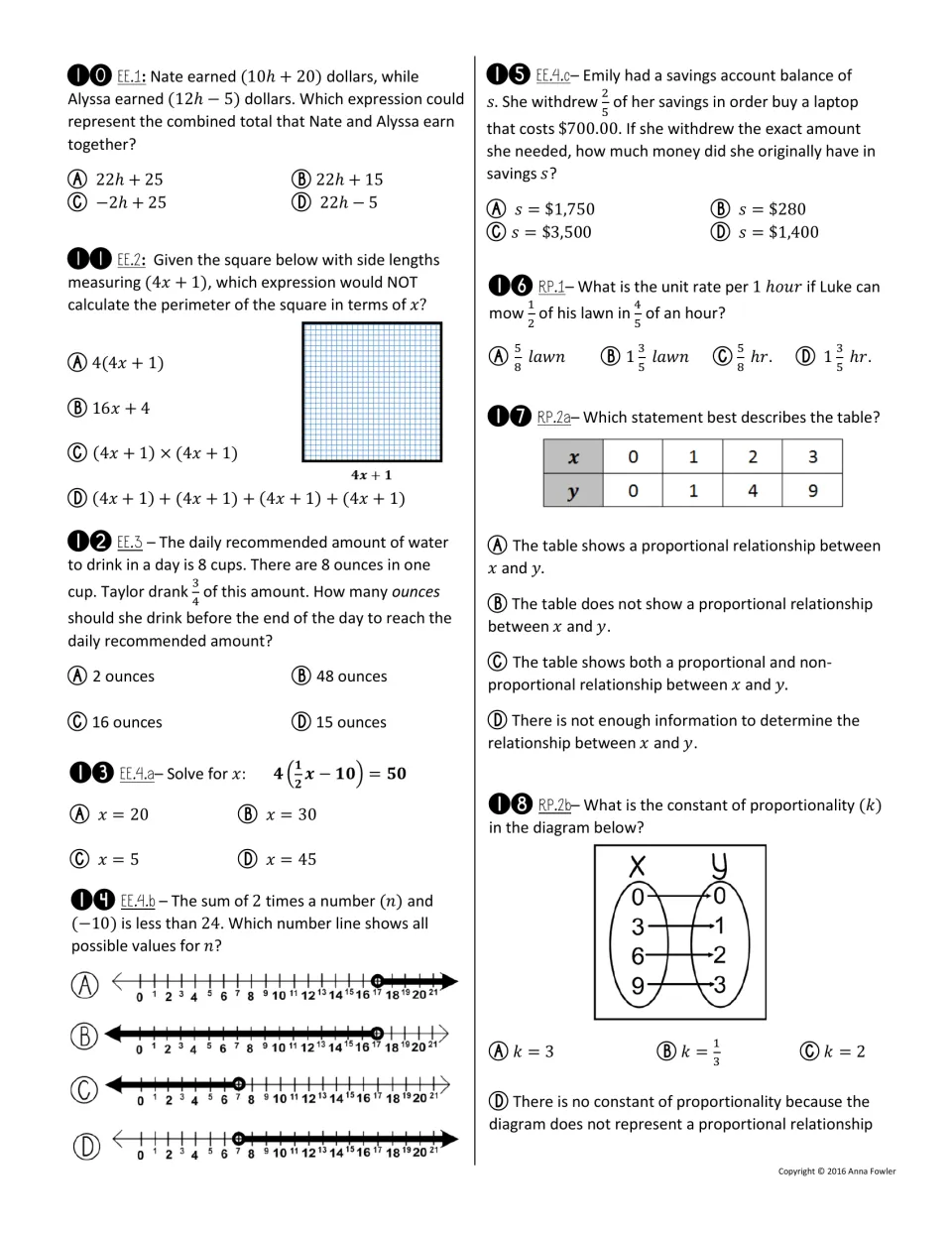 Spiral Review Assessment 16, questions 10-18: students solve expression, equation and proportional relationship problems