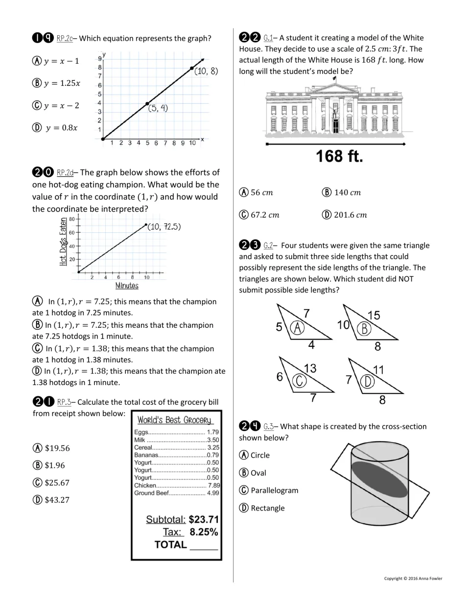 Questions 19-24 on graphing proportions, scale drawings, triangle side lengths and cross-sections of a cylinder