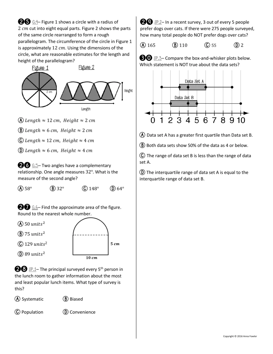 Questions 25-30 on circle area, complementary angles, composite area, survey types and box-and-whisker plots