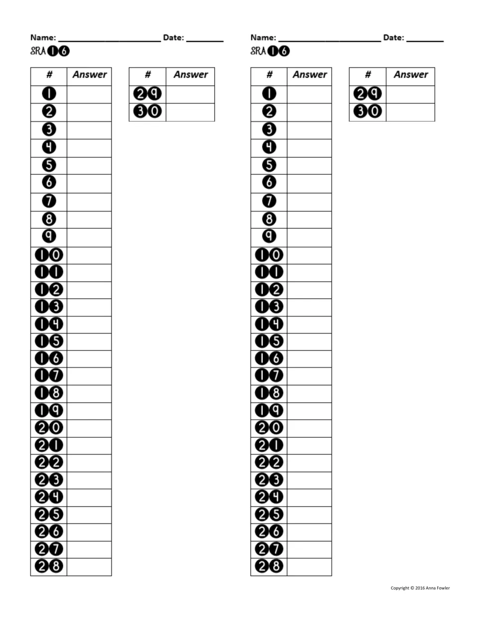 Student answer sheet with name and date lines and numbered answer spaces for questions 1 through 30, shown twice