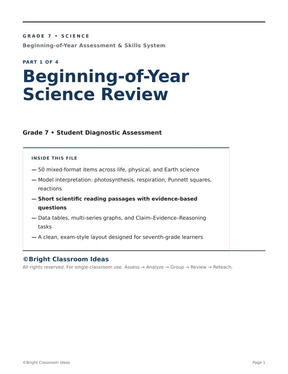 Beginning-of-Year Science Review cover, Part 1 of 4: 50 life, physical and Earth science items with passages and CER tasks