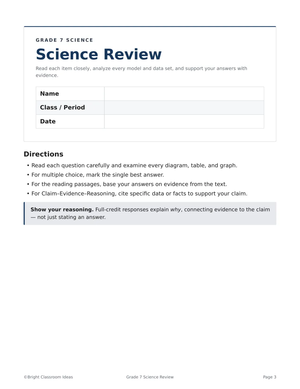 Science Review student cover sheet: name, class and date plus directions on multiple choice, reading passages and CER