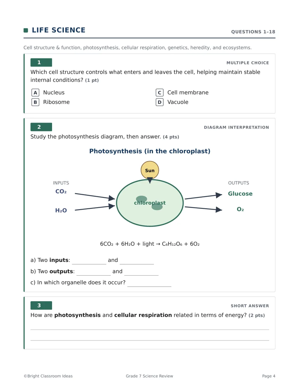 Life science Q1-3: cell membrane multiple choice, photosynthesis diagram with inputs and outputs, and energy short answer