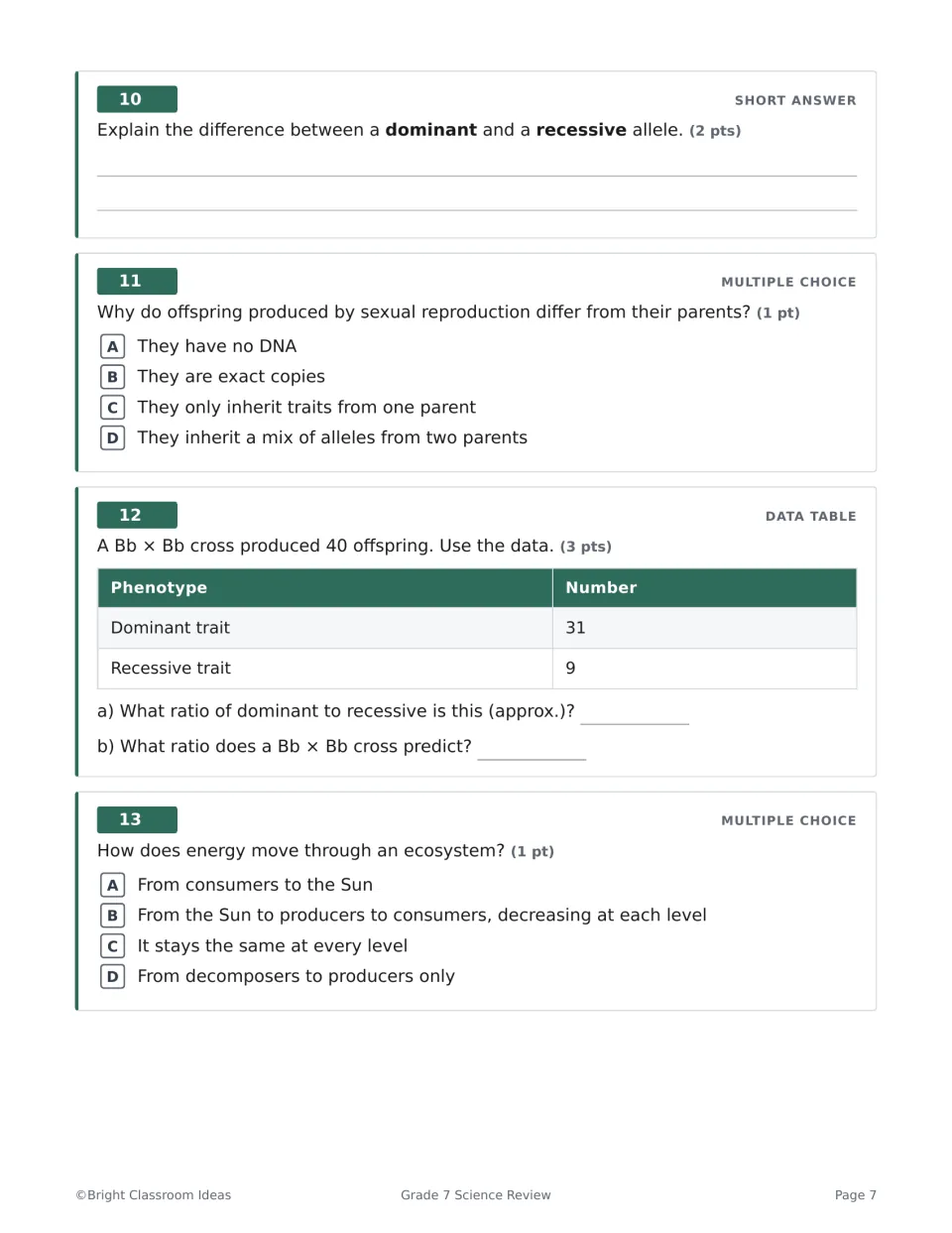 Heredity and energy Q10-13: dominant vs recessive alleles, offspring variation, a 31:9 phenotype data table, energy flow