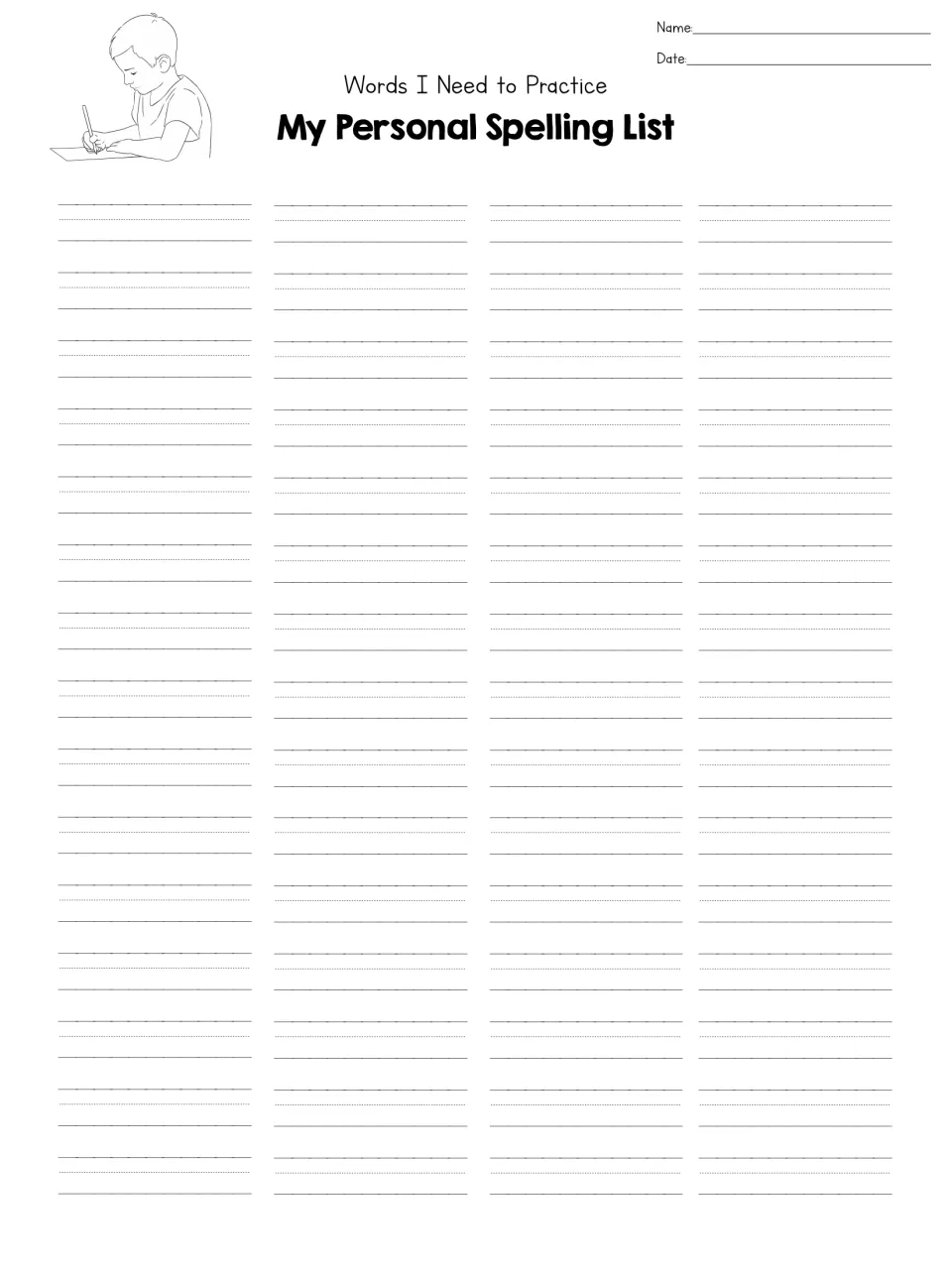 My Personal Spelling List: students record the words they need to practice, with space for name and date