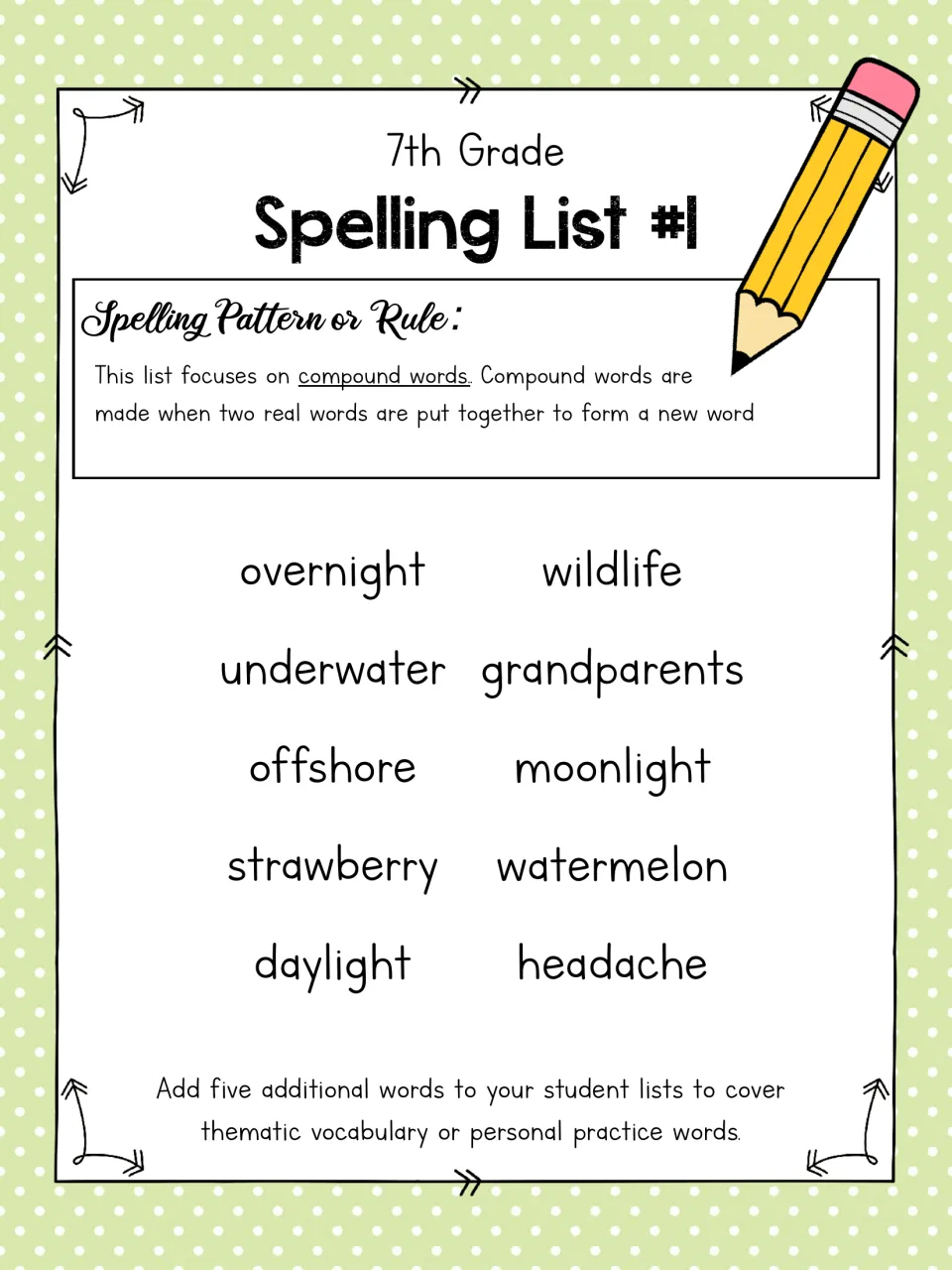Spelling List #1, compound words: overnight, underwater, offshore, strawberry, daylight, wildlife, moonlight and more