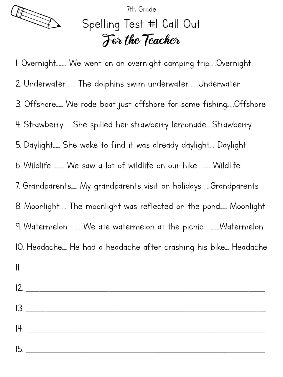 Spelling Test #1 call-out for the teacher: each compound word said, used in a sentence, then repeated, plus 5 blanks