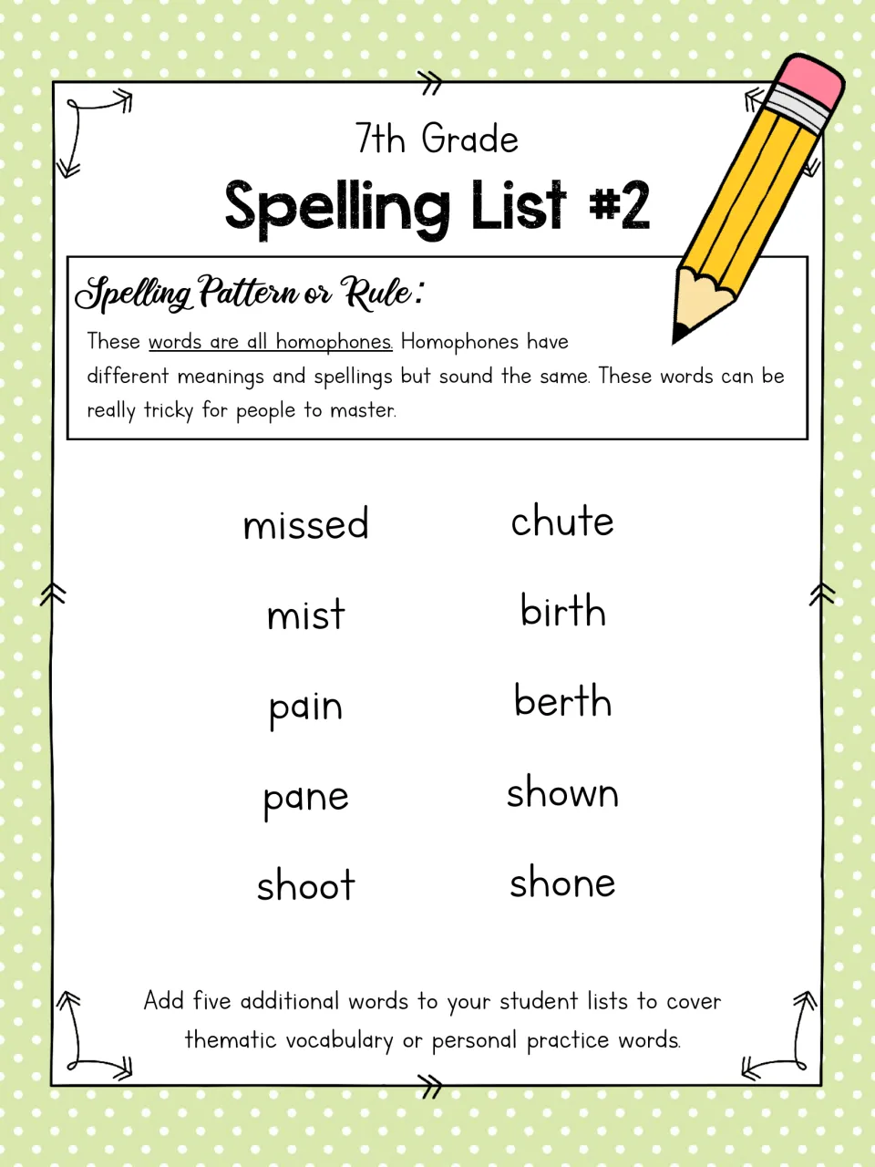 Spelling List #2, homophones: missed and mist, pain and pane, shoot and chute, birth and berth, shown and shone
