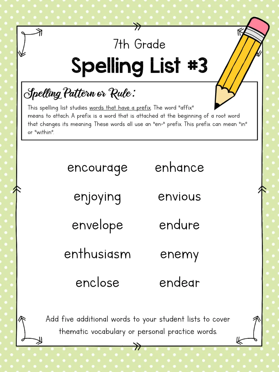 Spelling List #3, en- prefix words: encourage, enjoying, envelope, enthusiasm, enclose, enhance, envious, endure