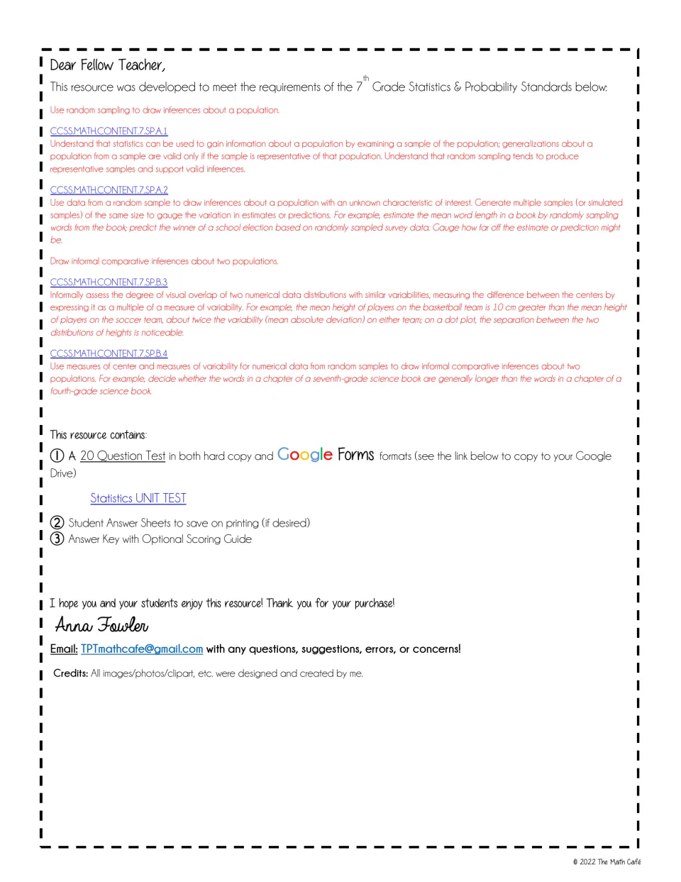 Dear Fellow Teacher note listing a 20-question test in print and Google Forms, student answer sheets and an answer key