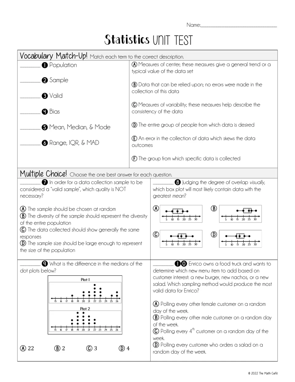 Statistics test part 1: match six terms like population, sample and bias, then multiple choice on box plots and dot plots
