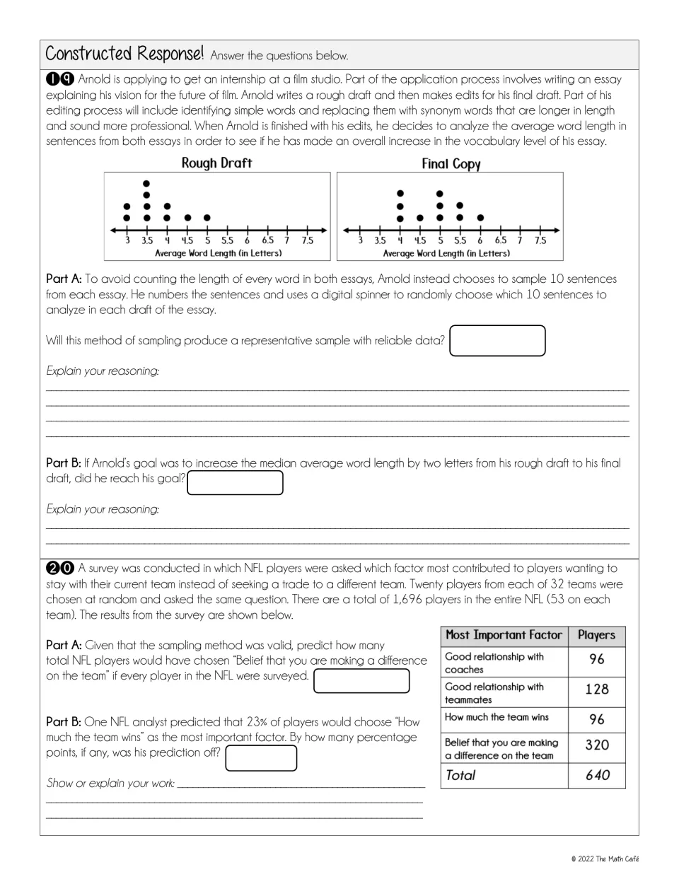 Constructed response: students judge a random sample of essay sentences and use an NFL survey table to predict totals