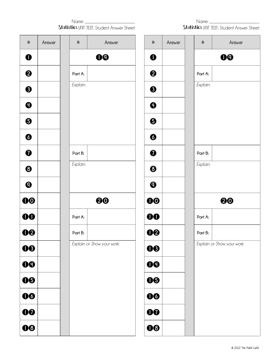 Student answer sheet, two per page, with blanks for items 1-18 and Part A, Part B and explanation space for 19 and 20