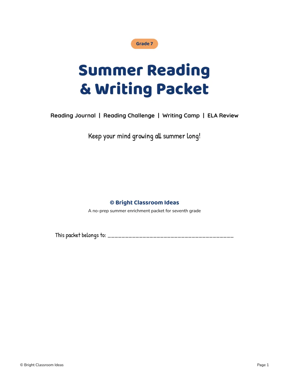 Grade 7 summer literacy packet cover naming the Reading Journal, Reading Challenge, Writing Camp, and ELA Review