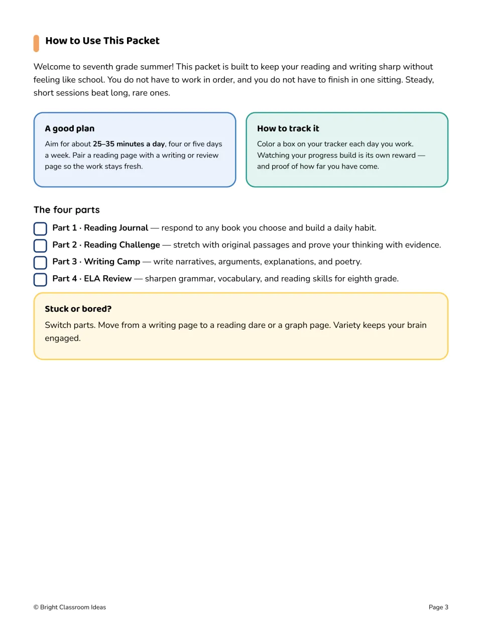 Summer packet instructions suggest 25–35 minutes a day, four or five days a week, and explain all four parts