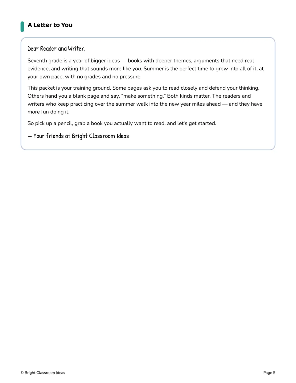 Summer packet welcome letter invites seventh graders to read closely, defend their thinking, and write