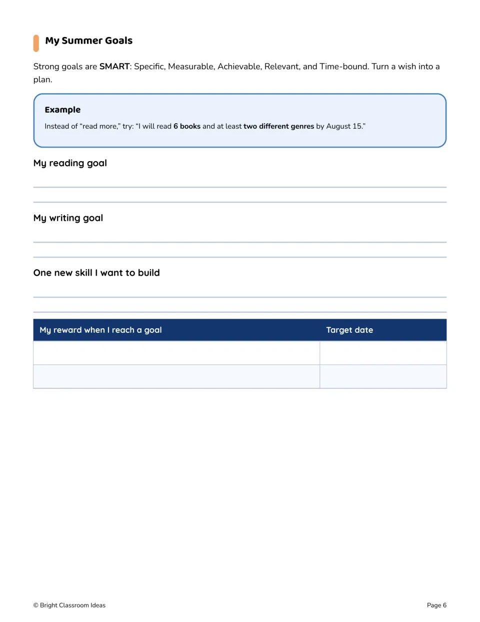 Summer packet goal-setting activity explains SMART goals and asks for reading, writing, and new skill goals