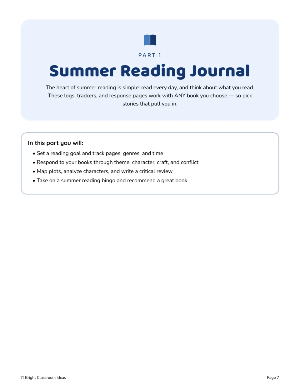 Part 1 reading journal introduction outlines book tracking, theme and character responses, reviews, and bingo