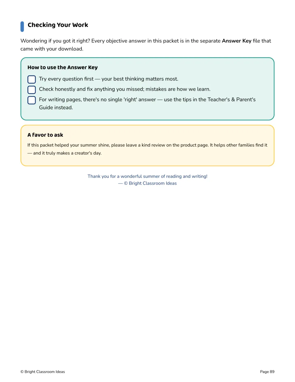 Summer packet checking instructions direct students to try questions first, then use the separate answer key