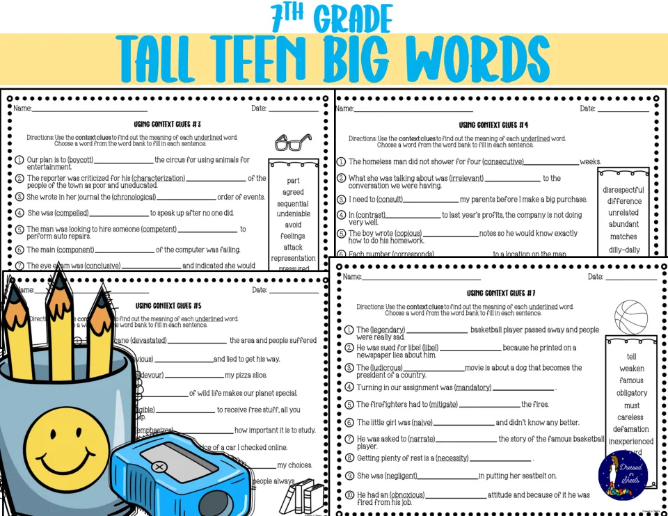 Tall Teen Big Words cover for 7th grade showing Using Context Clues sheets #3, #4, #5 and #7 with word banks
