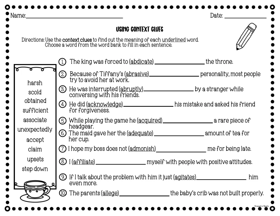 Using Context Clues: students pick a synonym from a word bank for abdicate, abrasive, abruptly, admonish and six more words