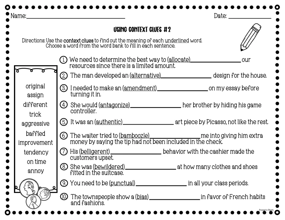 Using Context Clues #2: students choose word-bank meanings for allocate, antagonize, bamboozle, belligerent and bias