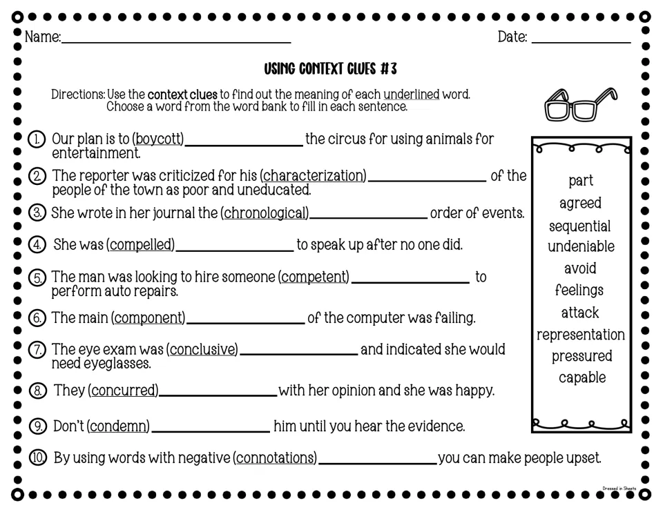 Using Context Clues #3: students match boycott, chronological, competent, concurred and connotations to word-bank synonyms