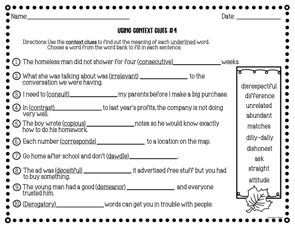 Using Context Clues #4: students define consecutive, copious, dawdle, demeanor and derogatory using a word bank