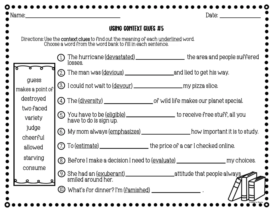 Using Context Clues #5: students write meanings for devastated, devious, diversity, exuberant and famished from a word bank