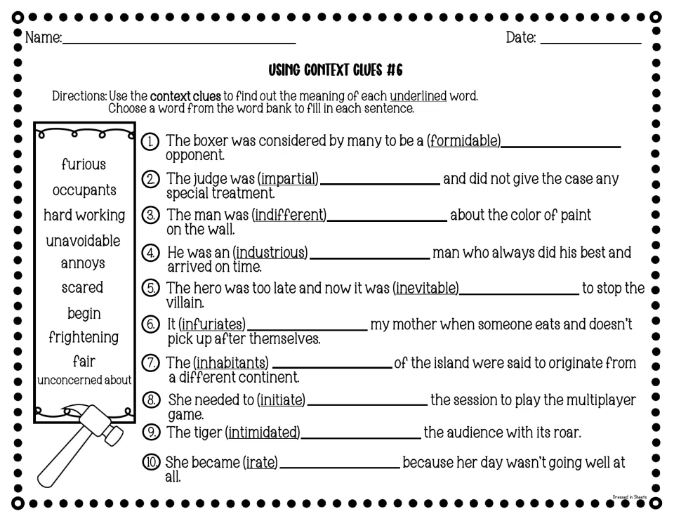 Using Context Clues #6: students pick word-bank synonyms for formidable, impartial, industrious, inevitable and irate