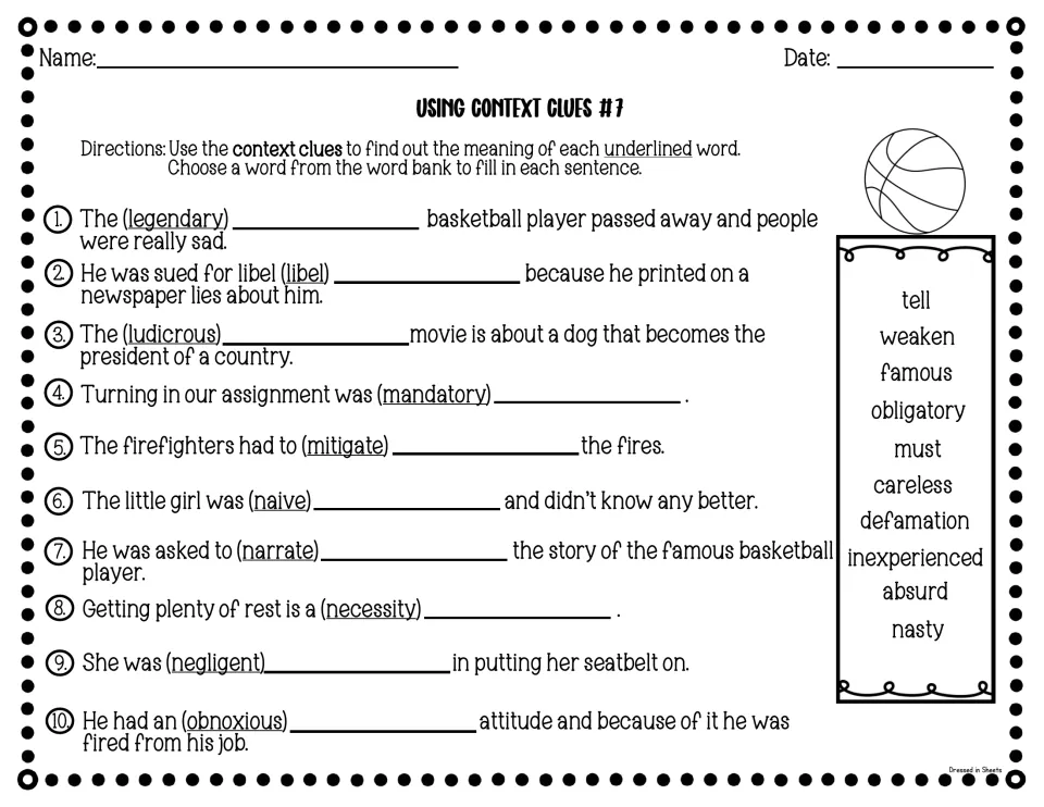 Using Context Clues #7: students choose meanings for legendary, ludicrous, mitigate, naive and obnoxious from a word bank