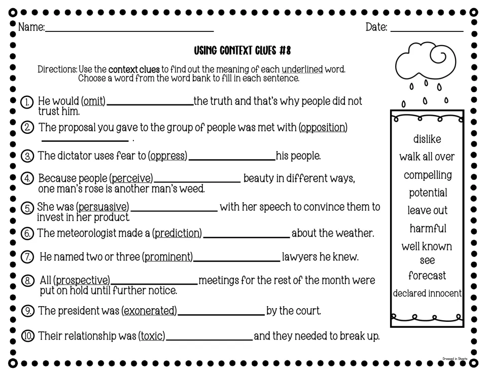 Using Context Clues #8: students define omit, oppress, perceive, prominent and exonerated using word-bank synonyms