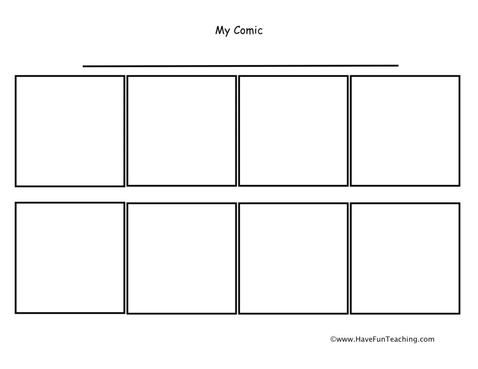 My Comic planning sheet: students title their comic and draw a story across eight blank panels to sequence story events