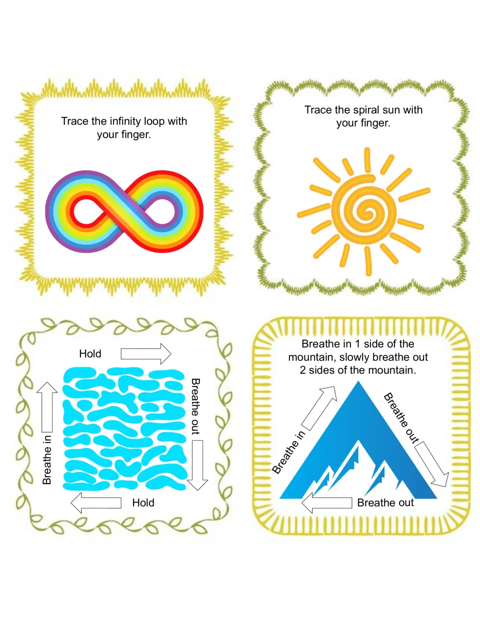 Calm-down breathing cards: students trace an infinity loop and spiral sun, then breathe around a square and mountain