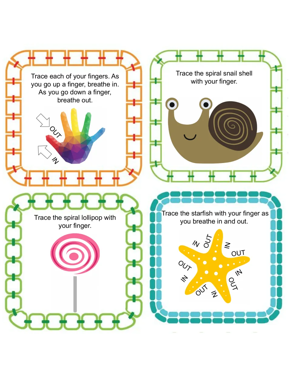 Finger-tracing calm-down cards: students trace a hand, snail shell, lollipop and starfish while breathing in and out
