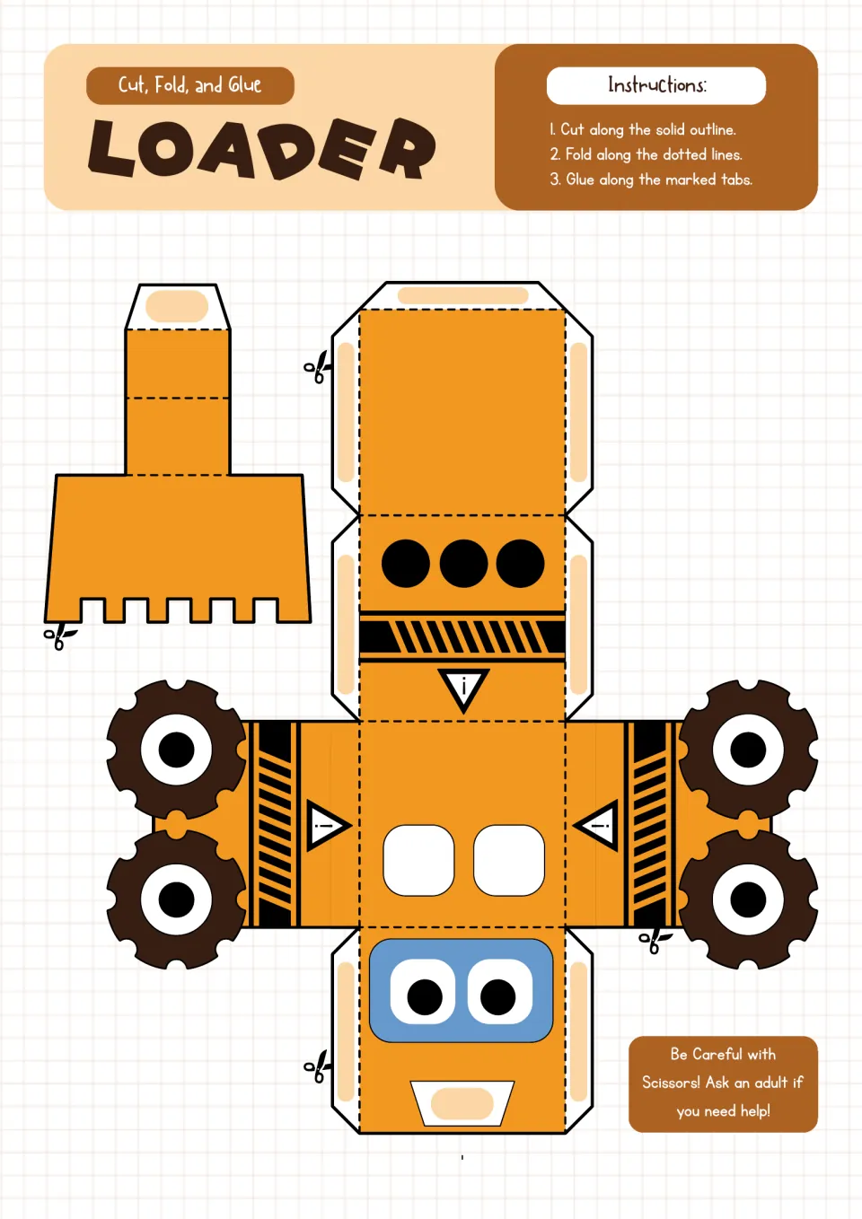 Loader paper model: students cut, fold and glue an orange net with a bucket piece, tread wheels and a face with big eyes