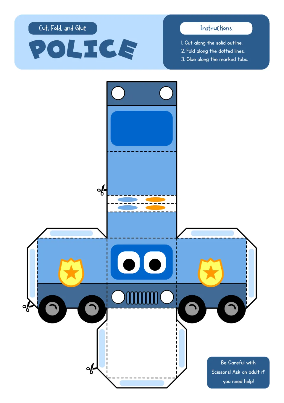 Police car paper model: students cut out a blue net with yellow star badges, wheels and a face, then fold and glue it