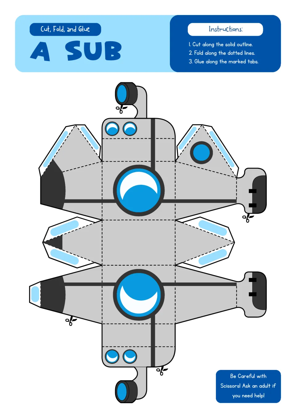 Submarine paper model: students cut out a gray net with round blue portholes, side fins and propellers, then fold it up