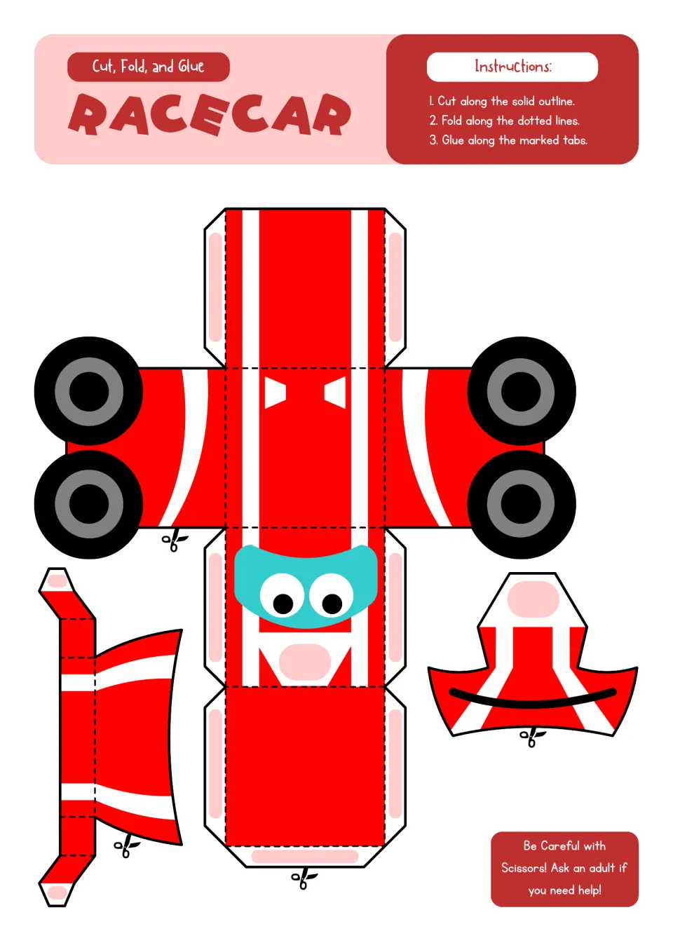 Race car paper model: students cut out a red striped body with four wheels, a spoiler and a front wing, then glue them