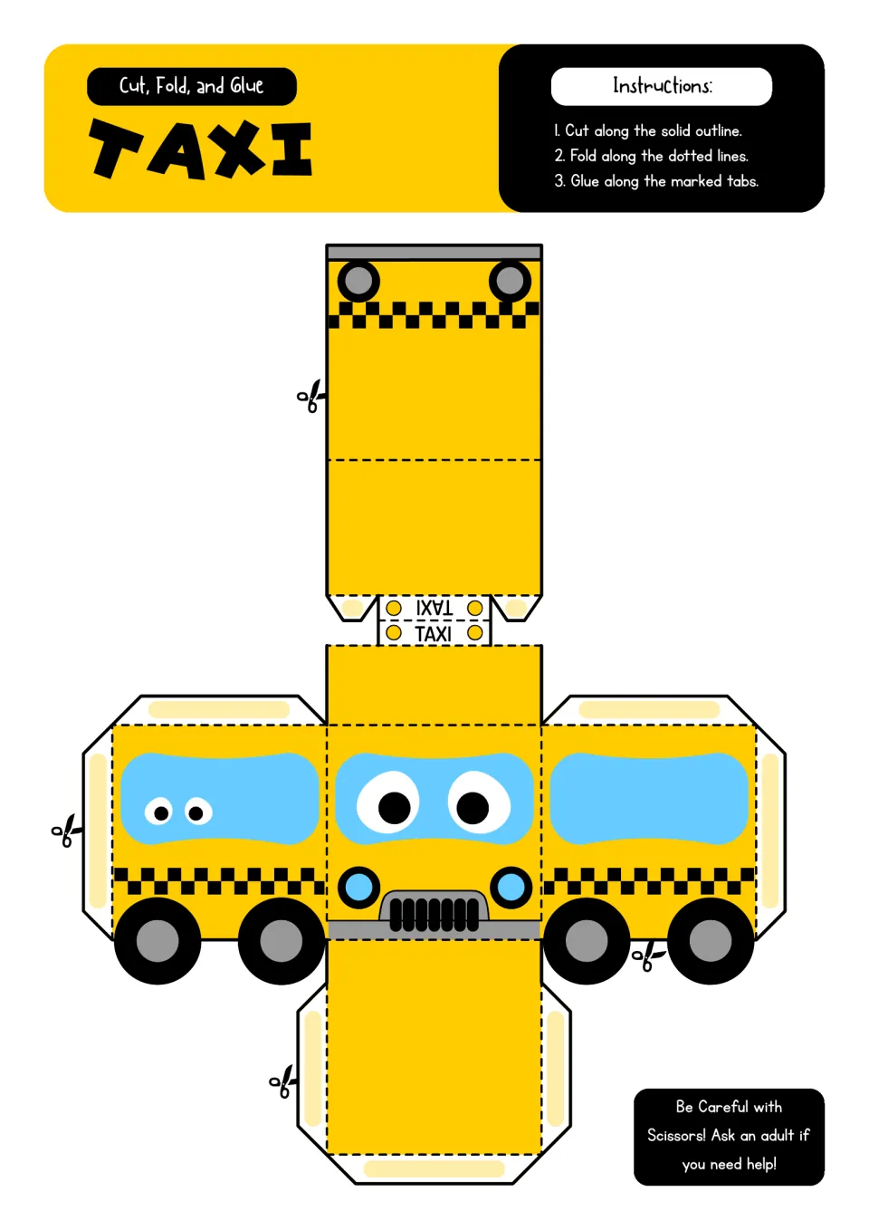 Taxi paper model: students cut, fold and glue a yellow cab net with checkered stripes, wheels and a TAXI roof sign tab