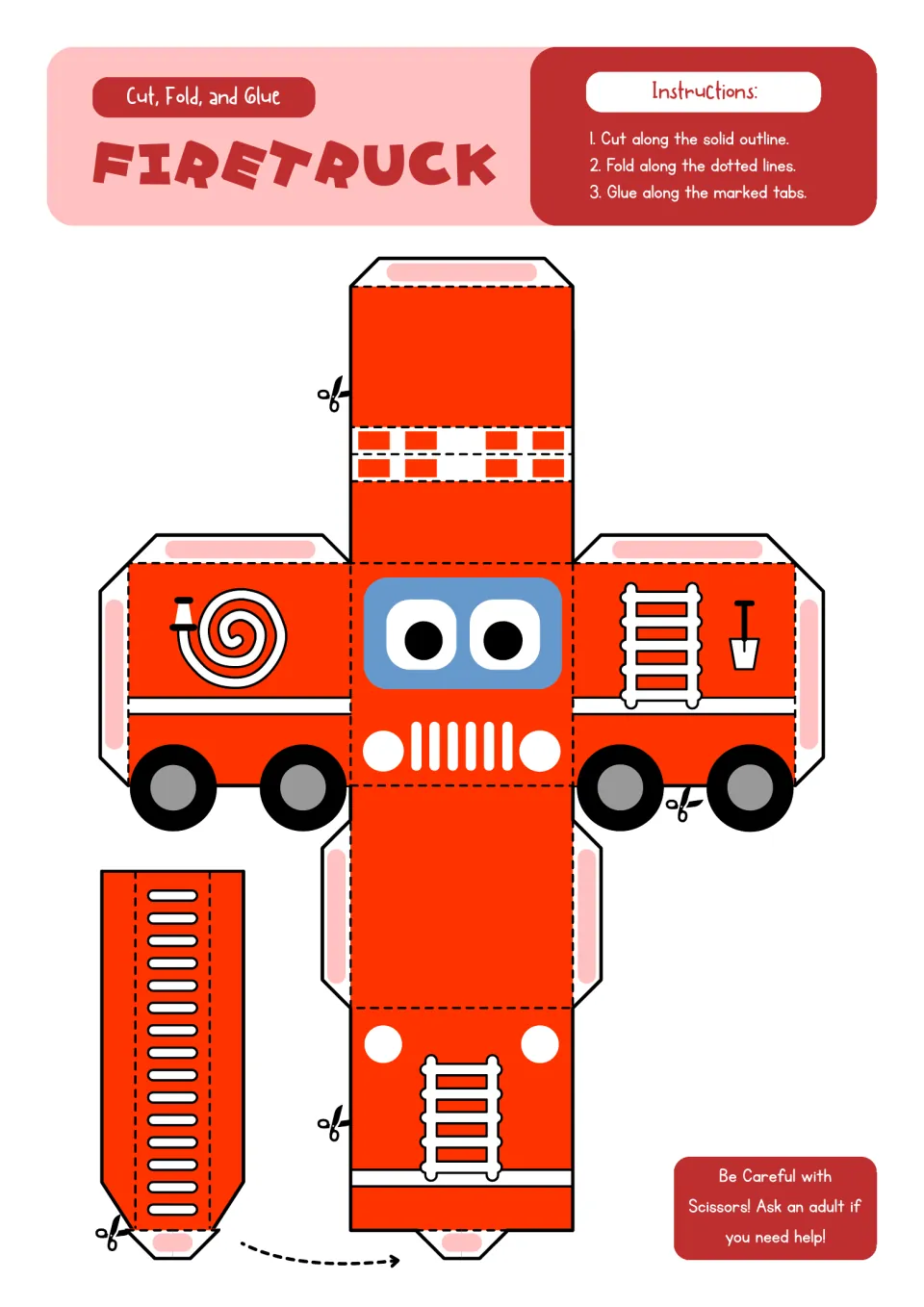 Fire truck paper model: students cut out a red net with a hose reel, ladders and a shovel plus a separate ladder strip