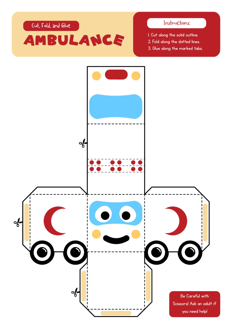 Ambulance paper model: students cut out a white net with red crescents, lights, a smiling face and wheels, then glue it