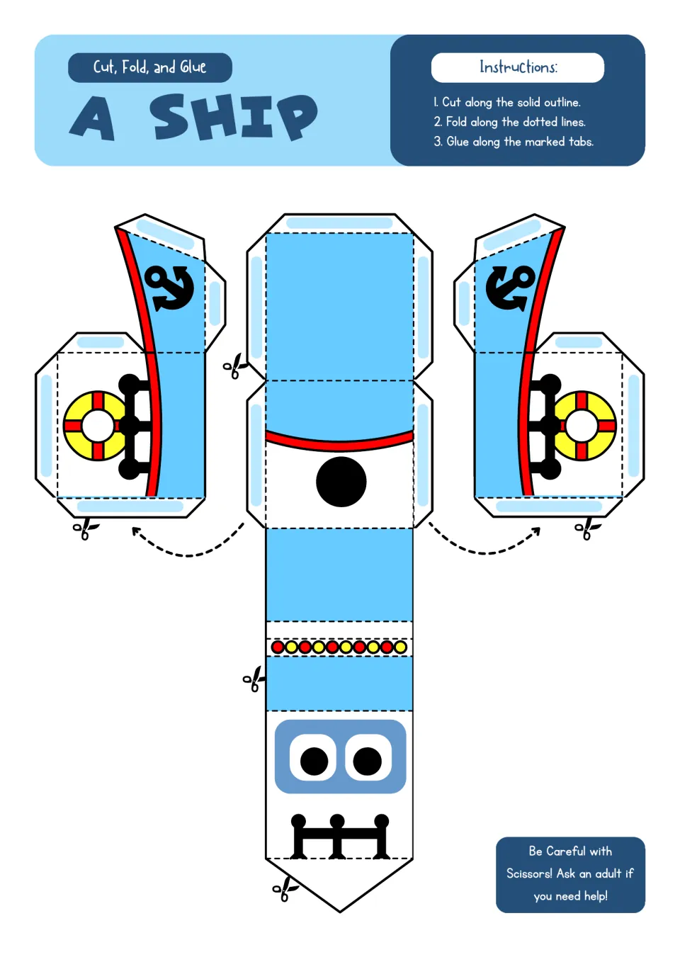 Ship paper model: students cut out a blue hull net with anchors, life rings and railings, then fold and glue the sides