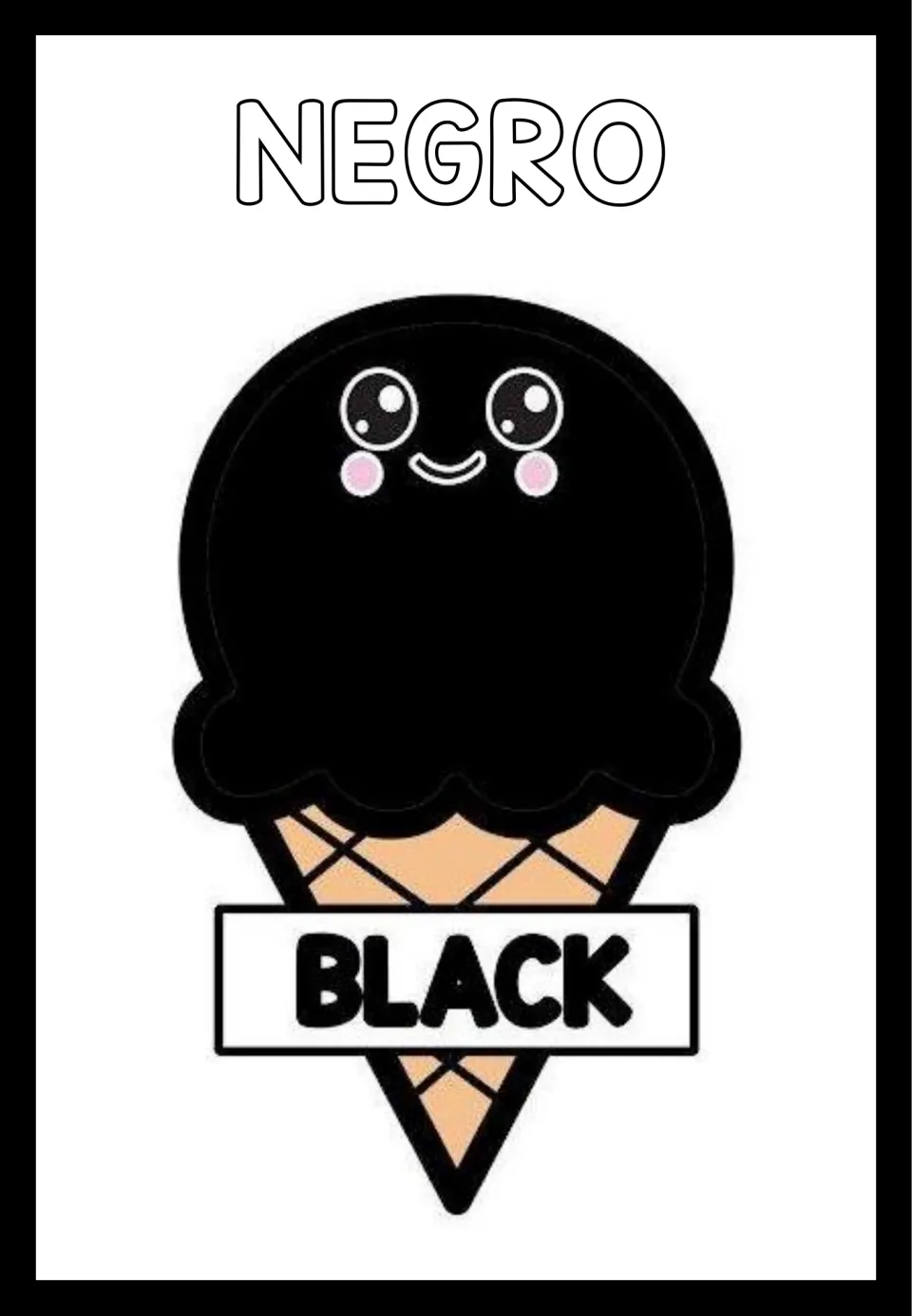 Color poster 1 of 8: NEGRO (black), showing a black ice cream scoop on a cone labeled BLACK in English