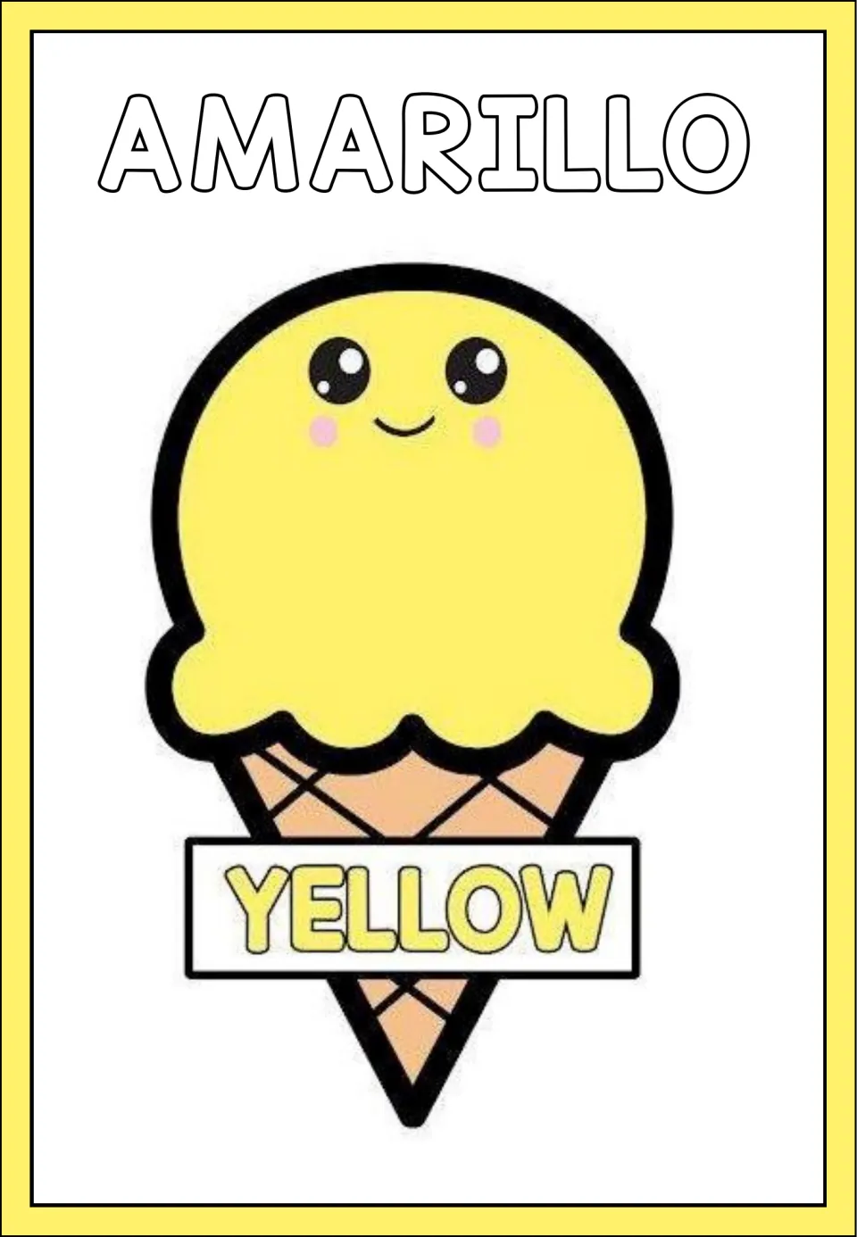 Color poster 3 of 8: AMARILLO (yellow), showing a yellow ice cream scoop on a cone labeled YELLOW in English