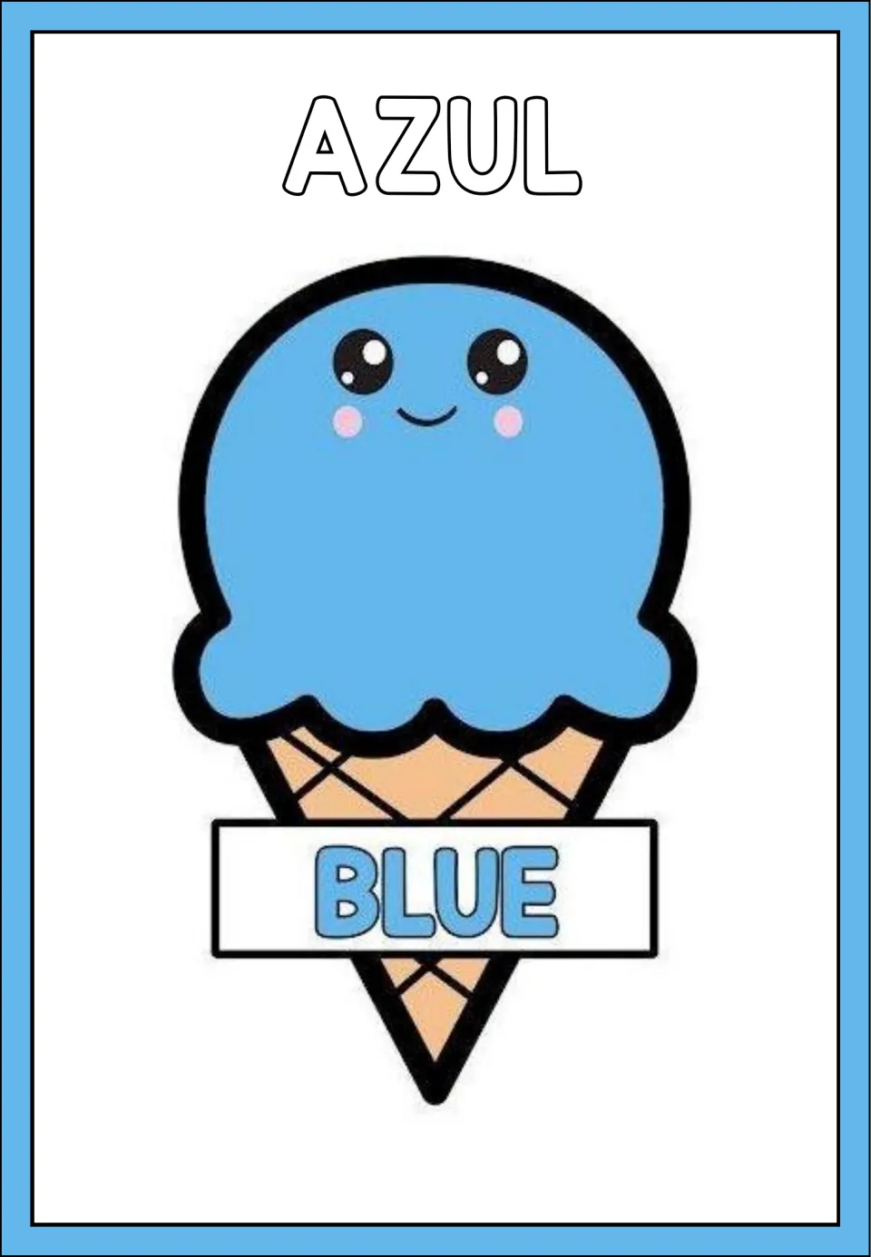 Color poster 5 of 8: AZUL (blue), showing a blue ice cream scoop on a cone labeled BLUE in English