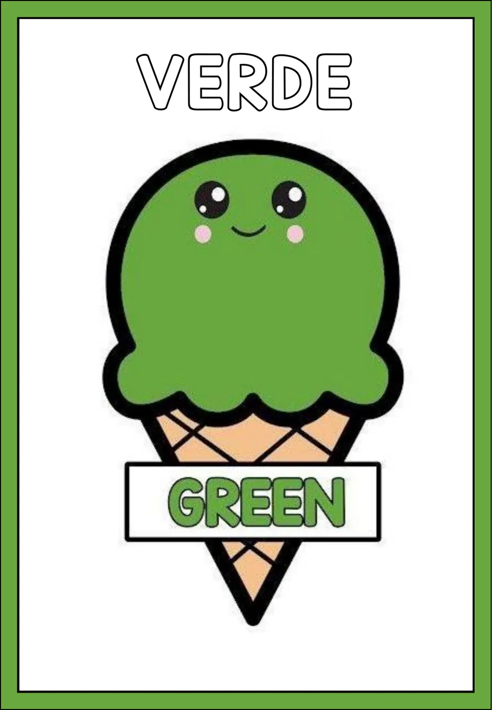 Color poster 6 of 8: VERDE (green), showing a green ice cream scoop on a cone labeled GREEN in English