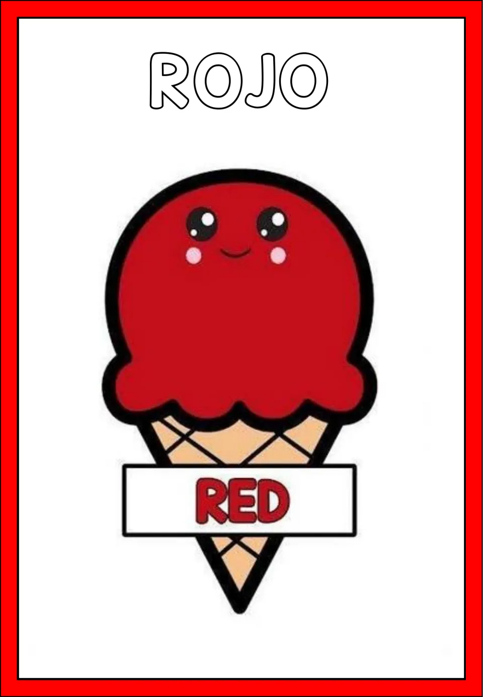 Color poster 8 of 8: ROJO (red), showing a red ice cream scoop on a cone labeled RED in English