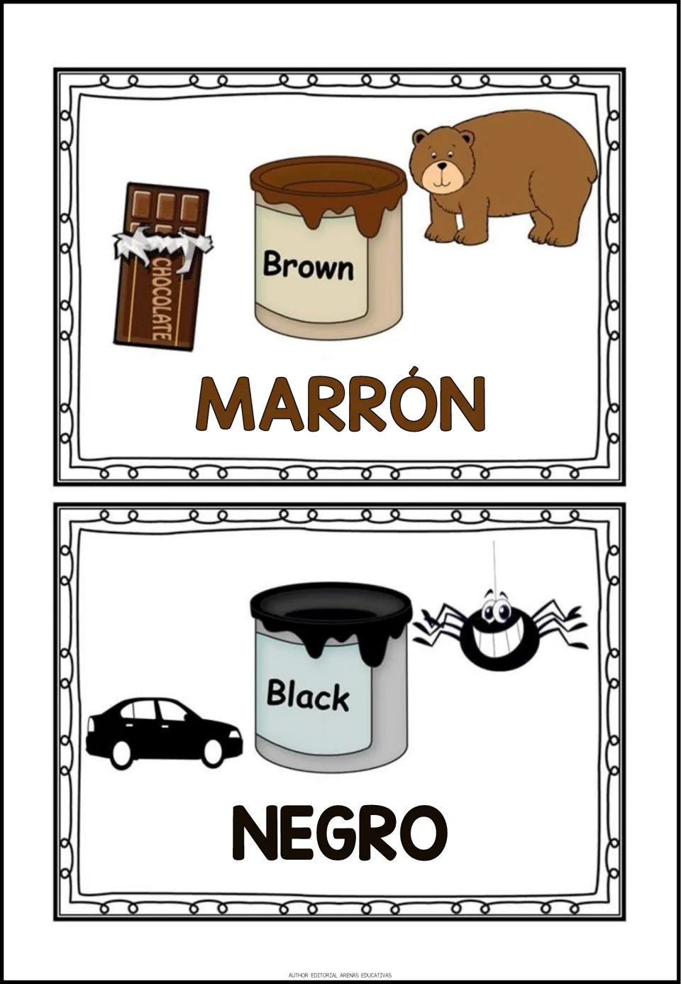 Spanish color posters 1–2: marrón (brown) with chocolate and a bear; negro (black) with a car and spider